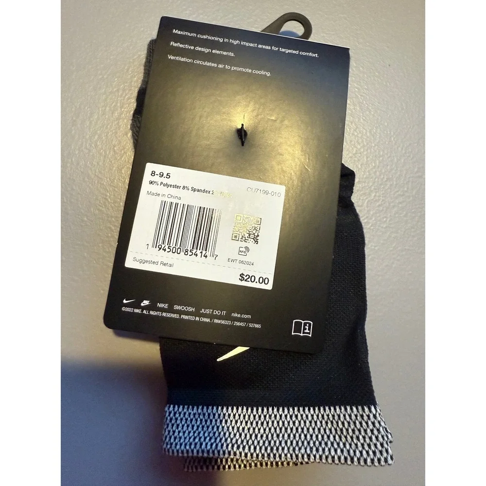 Nike Spark Running Cushioned Ankle Socks Black Unisex Size 8–9.5 (2 Pairs)‎